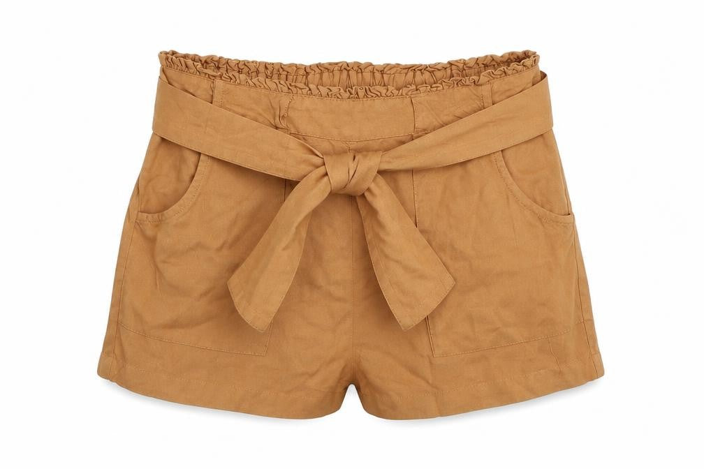 Front view of Primark women’s beige hot pants shorts, size UK 4