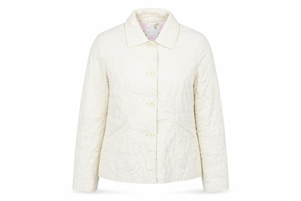 Front view of Marks & Spencer women’s white argyle/diamond jacket coat, size UK 8