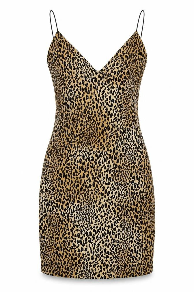 Front view of H&M women’s gold animal print wrap dress, size UK 6