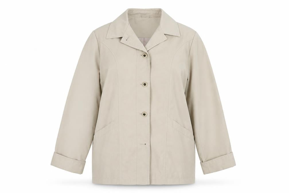 Front view of EWM women’s beige overcoat coat, size UK 12