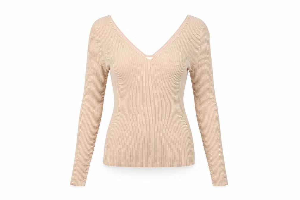 Front view of H&M women’s beige knit pullover sweatshirt, size S