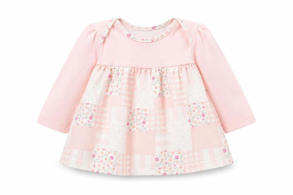 Front view of Marks & Spencer girls’ pink check a-line, size 3-6, months