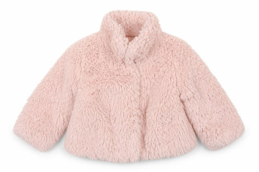 Front view of Early Days girls’ pink overcoat coatigan, size 6-9, months