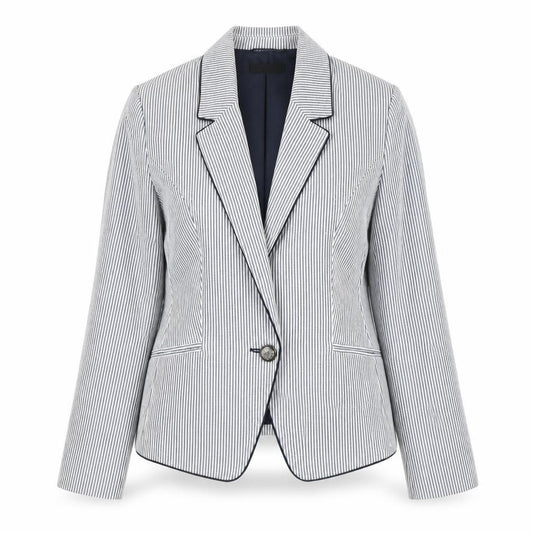 Front view of Primark women’s blue striped jacket blazer, size UK 12