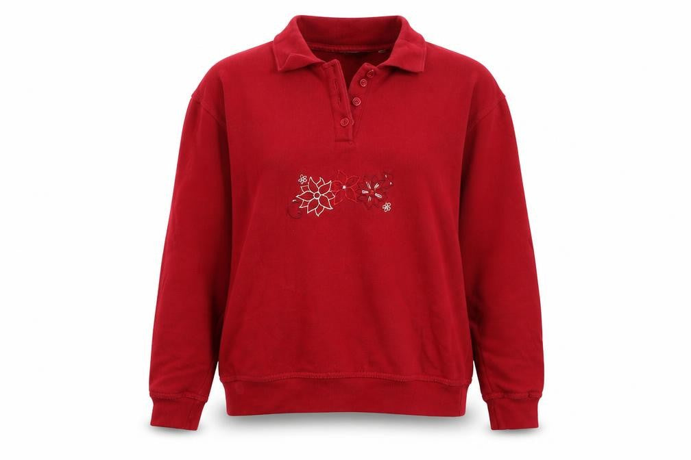 Front view of EWM women’s red floral jumper, size S