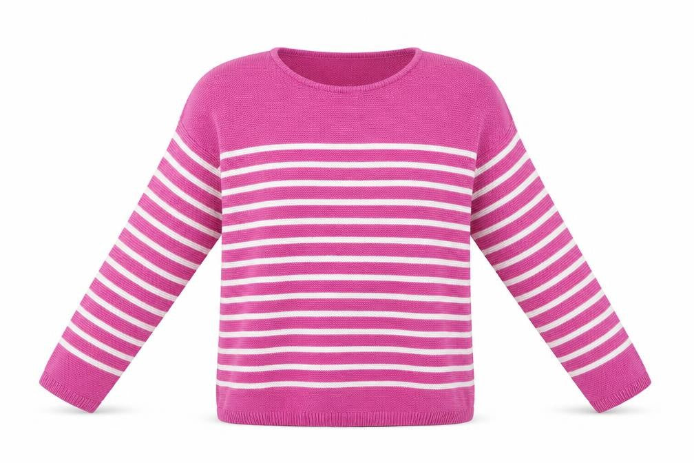 Front view of ISLE women’s pink striped jumper, size S