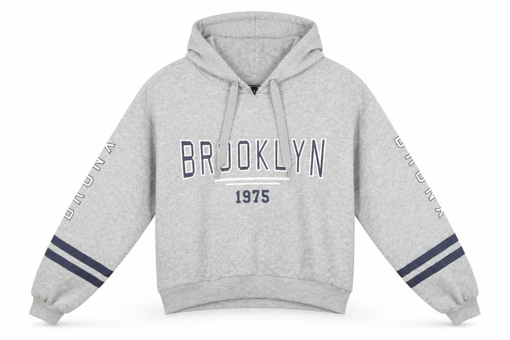 Front view of H&M women’s grey pullover hoodie, size S