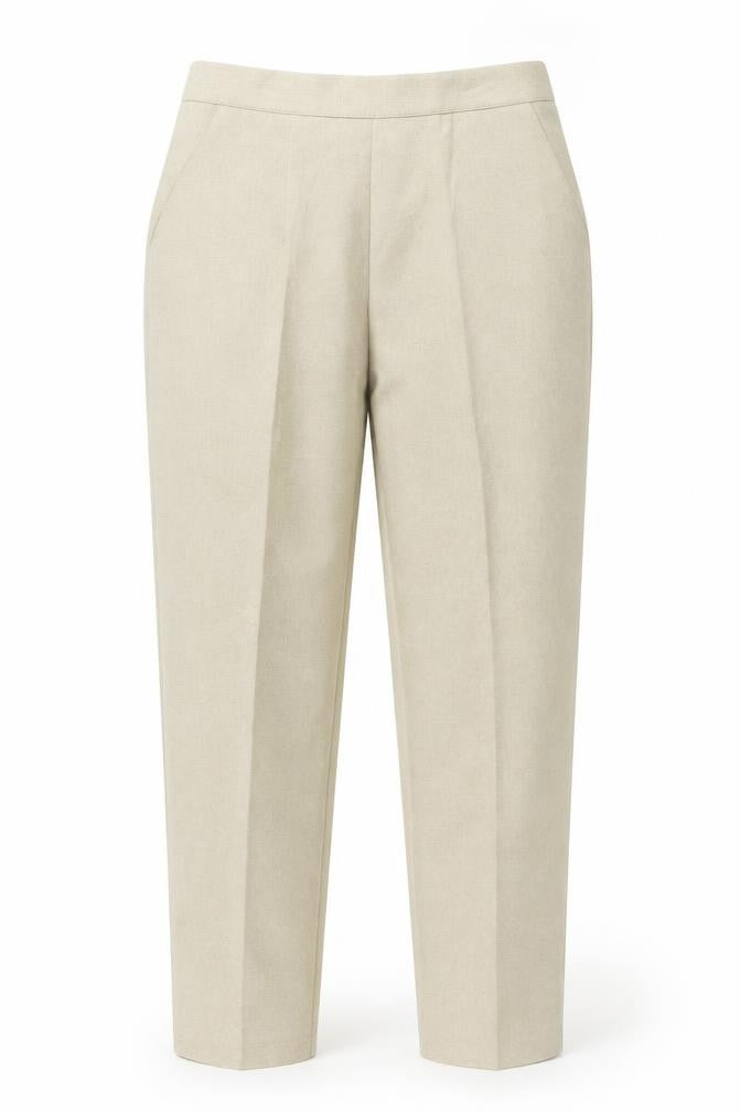 Front view of Preworn women’s beige trousers, size UK 10, 24-inch leg