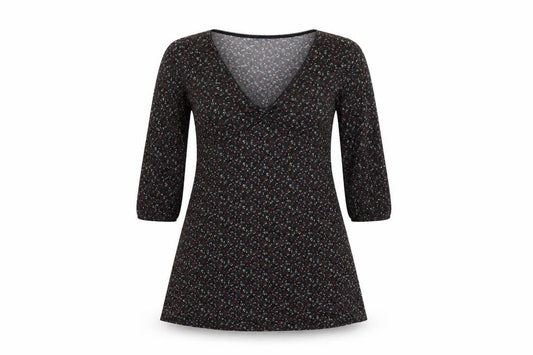 Front view of Lola Skye women’s black floral a-line, size UK 12