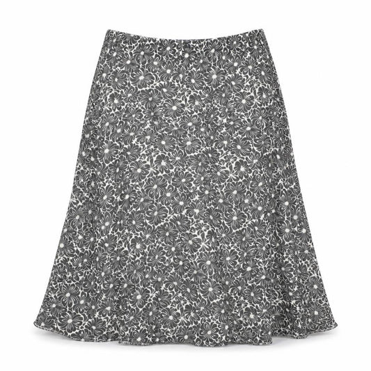 Front view of Special Collection women’s black floral a-line skirt, size UK 12, - elasticated waist