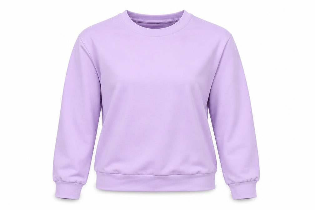 Front view of women’s purple pullover sweatshirt, size S