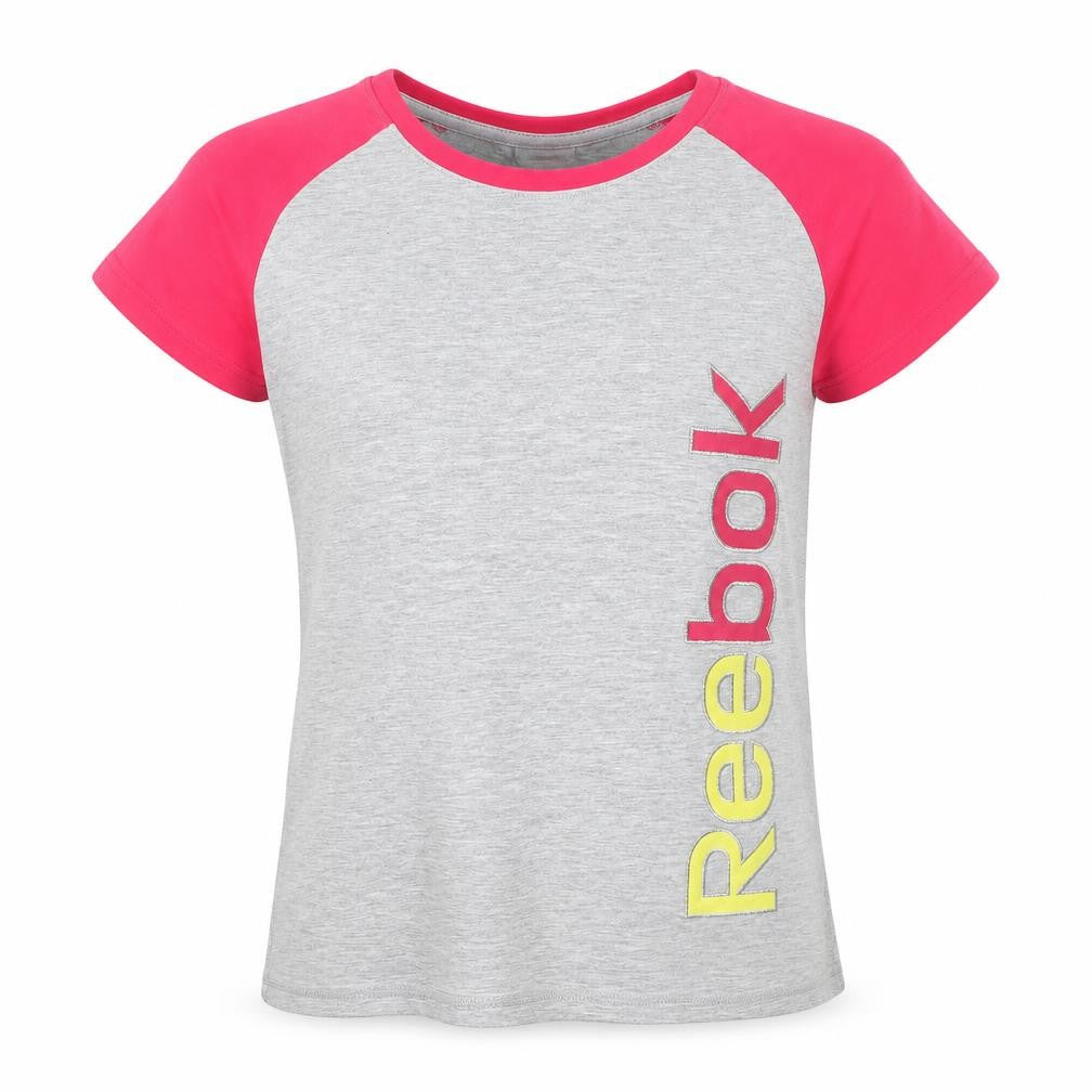 Front view of Reebok girls’ grey basic t-shirt, size 14, years