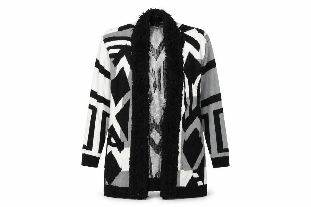 Front view of b.you women’s multicoloured geometric overcoat coat, size UK 14