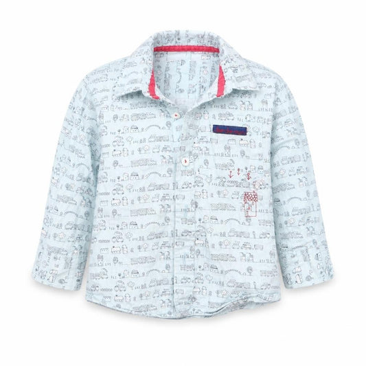 Front view of 5 10 15 boys’ blue geometric basic button-up, size 12, months