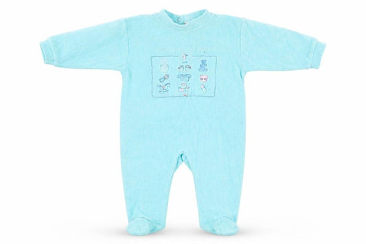 Front view of Safeway girls’ blue babygrow one-piece, size 12, months - v