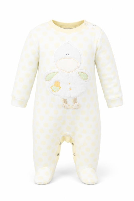 Front view of Next Baby Yellow Polka Dot Babygrow One-Piece, size 3-6, Months