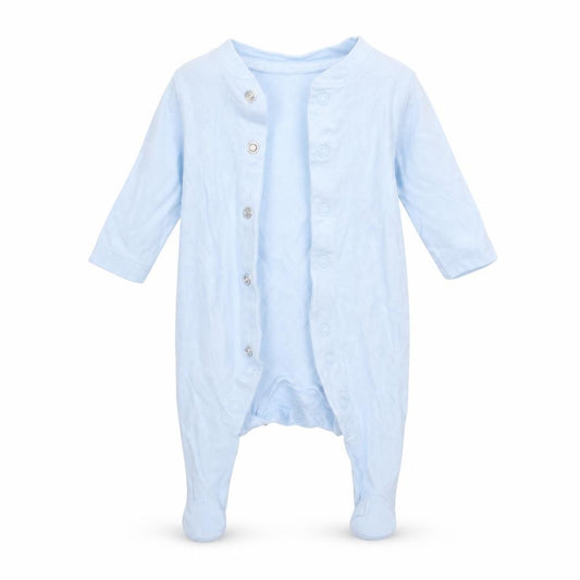 Front view of Mothercare boys’ blue babygrow one-piece, size 0-3, months