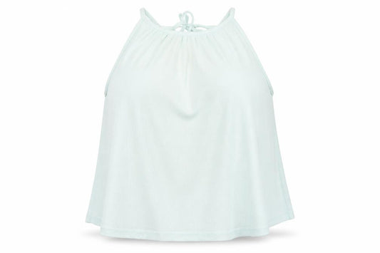 Front view of Atmosphere women’s green camisole t-shirt, size UK 4, - tie back of neck