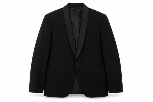 Front view of Maenson men’s black jacket blazer, size L