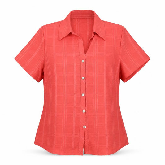 Front view of Bonmarché women’s pink check basic button-up, size UK 12