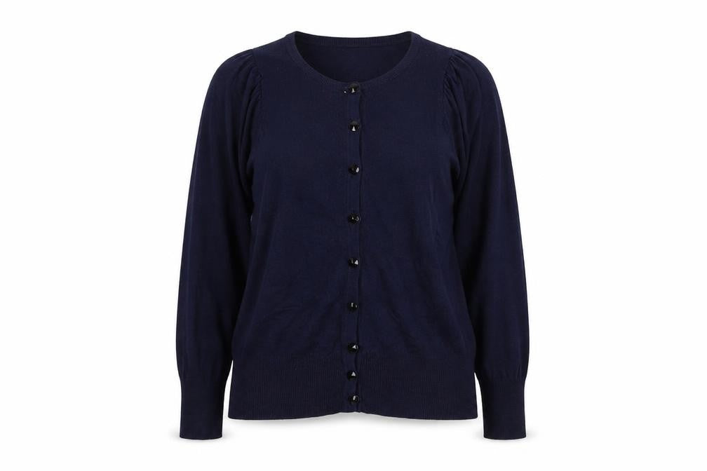 Front view of Dorothy Perkins women’s blue cardigan jumper, size UK 12