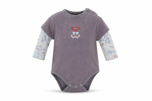 Front view of little red caboose Baby Grey Romper One-Piece, size 0-3, Months