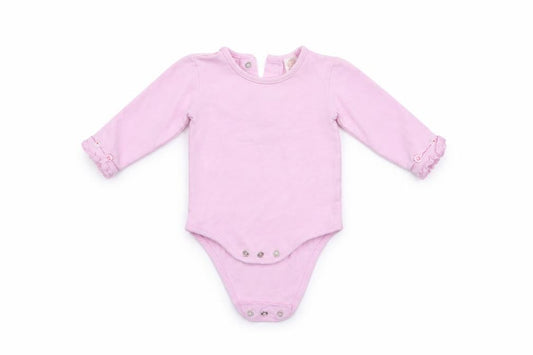 Front view of Little bundle girls’ pink romper one-piece, size 3-6, months