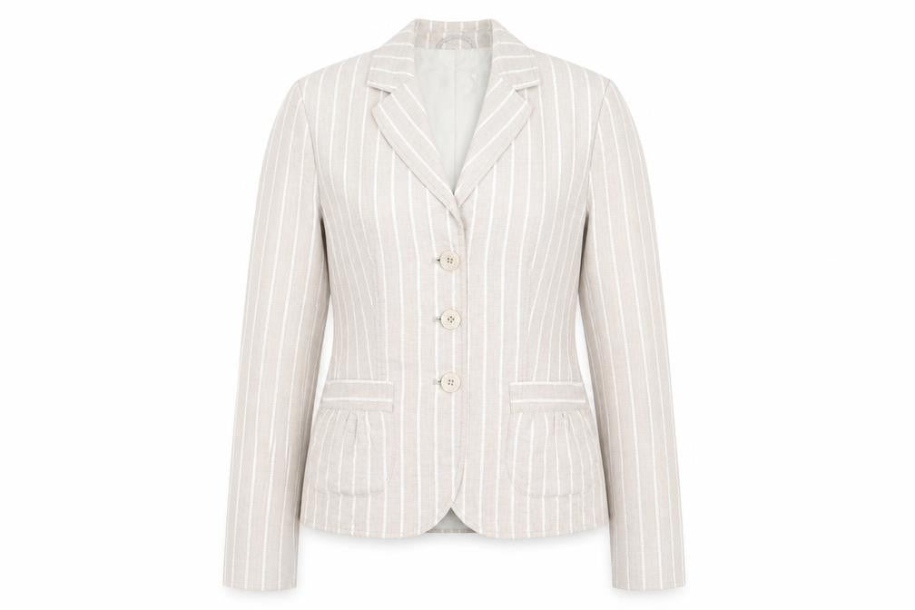 Front view of Lakeland women’s grey striped jacket suit jacket, size UK 14