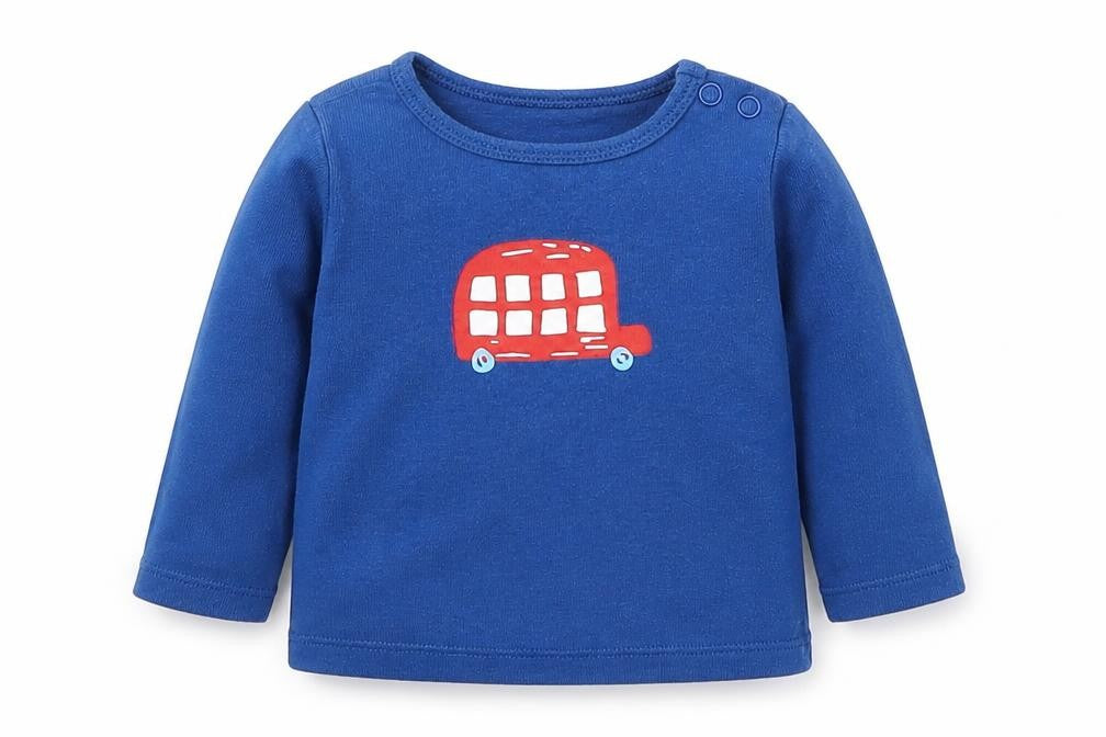 Front view of Tu boys’ blue basic t-shirt, size 6-9, months - bus