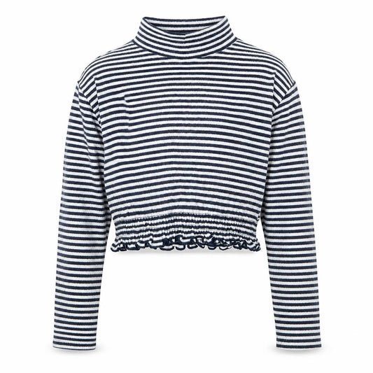 Front view of Next girls’ blue striped cropped t-shirt, size 8, years