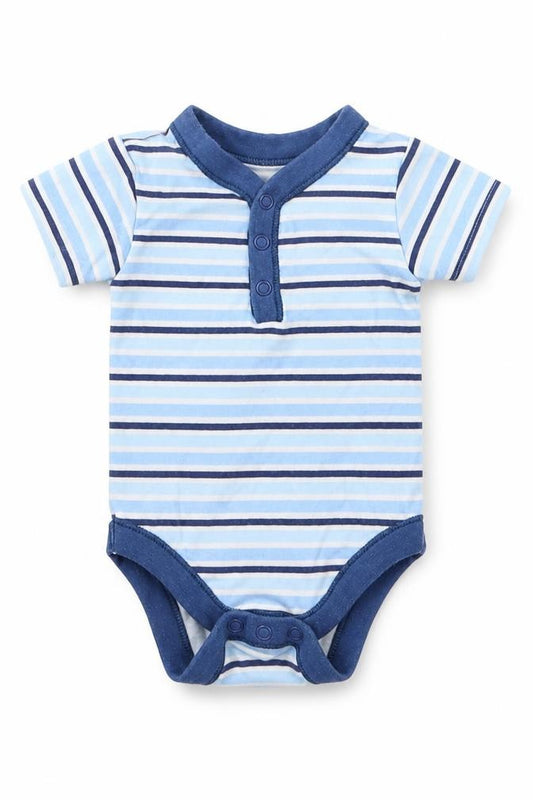 Front view of George boys’ blue striped babygrow one-piece, size 3-6, months