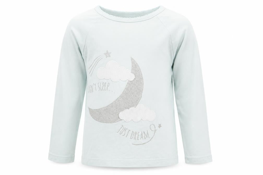 Front view of Nutmeg girls’ blue geometric top pyjama top, size 5-6, years
