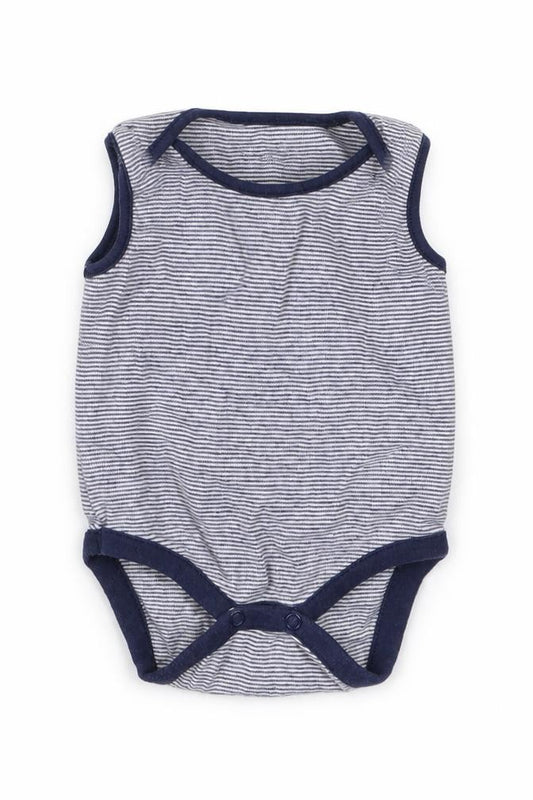 Front view of Next boys’ blue striped babygrow one-piece, size 0-3, months