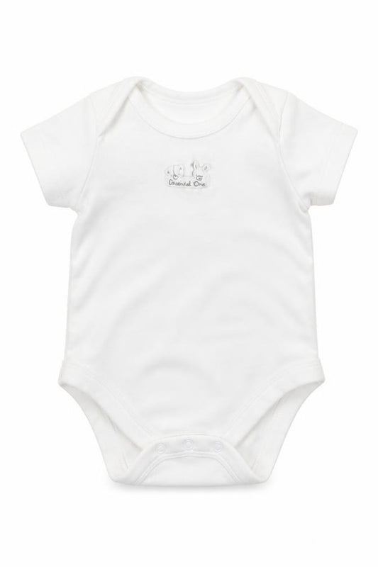 Front view of The Essential One Baby White Babygrow One-Piece, size 0-3, Months