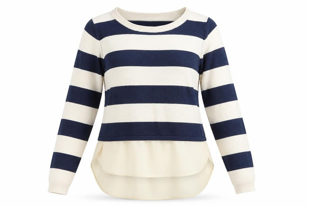 Front view of Tu women’s blue striped knit jumper, size UK 14