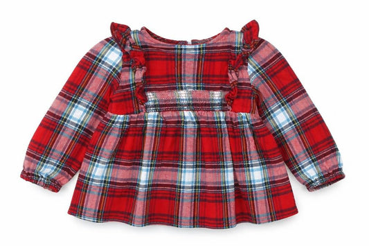 Front view of Tu girls’ red check basic button-up, size 9-12, months