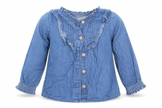 Front view of Primark girls’ blue basic button-up, size 9-12, months