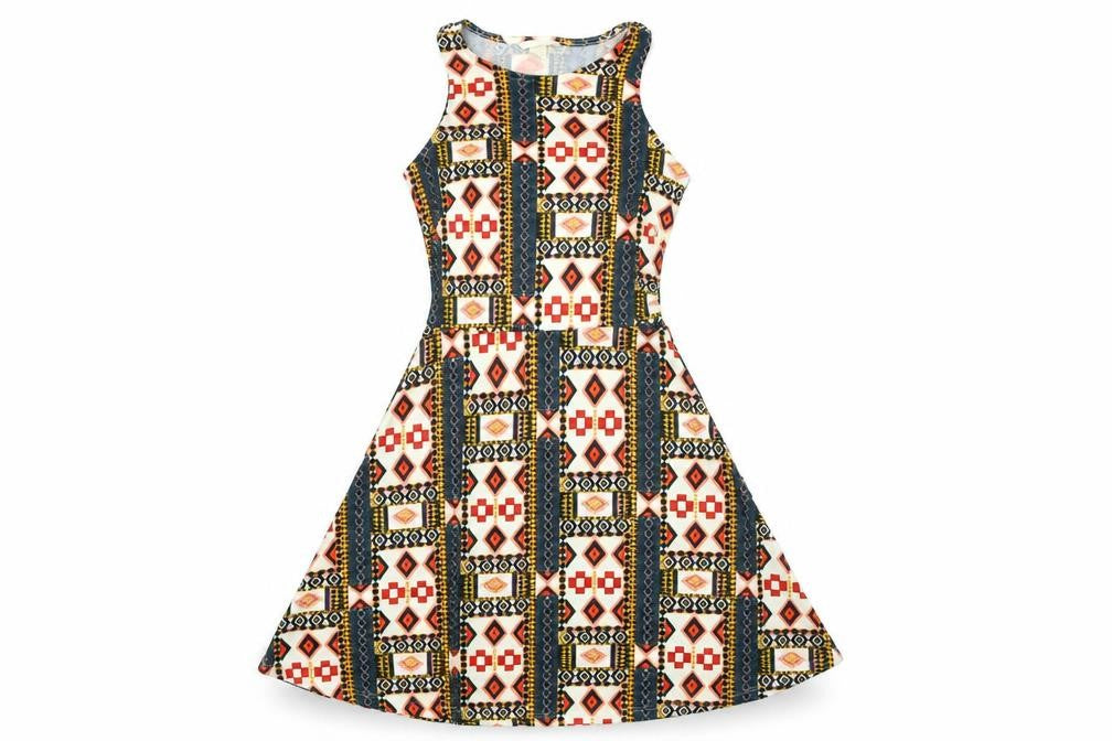 Front view of H&M women’s beige geometric fit & flare, size S