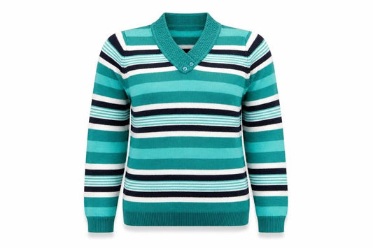 Front view of isle women’s multicoloured striped jumper, size S, -, size UK 10-12