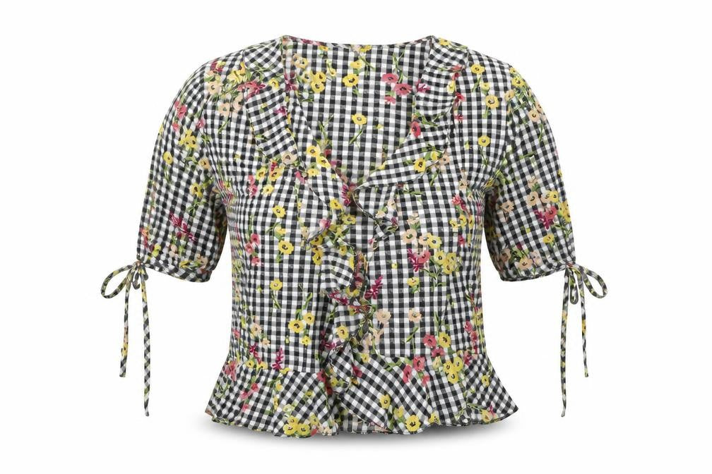Front view of Miss Selfridge women’s black check kimono t-shirt, size UK 8