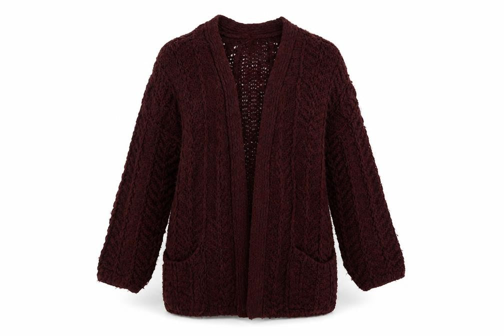 Front view of River Island women’s purple cardigan jumper, size UK 10