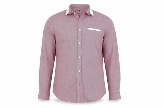 Front view of Cedarwood State men’s red geometric button-up, size 15.5