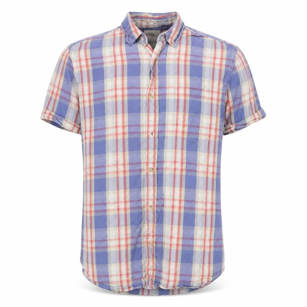 Front view of Cedarwood State men’s blue check button-up, size L