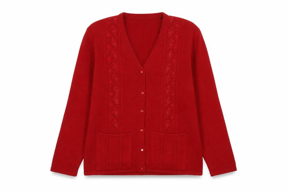 Front view of Beau Monde women’s red jacket coatigan, size L