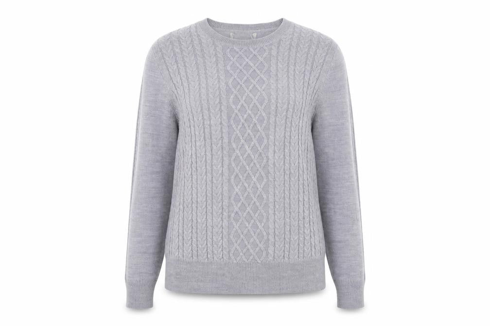 Front view of Matalan women’s grey geometric knit pullover sweatshirt, size UK 10
