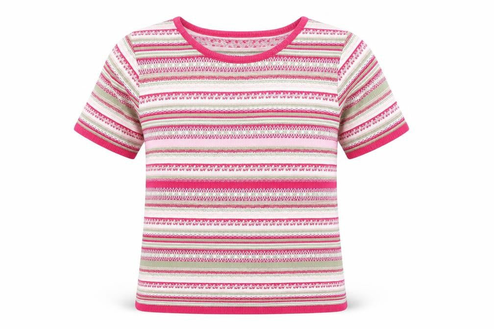 Front view of Daxon women’s pink striped knit basic t-shirt, size UK 12