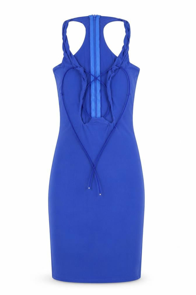 Front view of Femme Luxe women’s blue bodycon, size UK 6