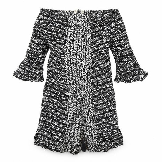 Front view of F&F women’s black geometric playsuit one-piece, size UK 6