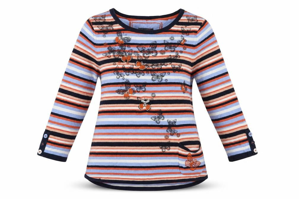 Front view of Per Una women’s multicoloured animal print jumper, size UK 10, - butterflies and stripes