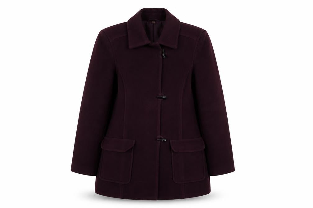 Front view of EWM women’s red overcoat coat, size UK 12